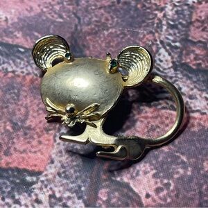 Unusual Large Headed Mouse Brooch Gold Toned Vintage Green Rhinestones Mice